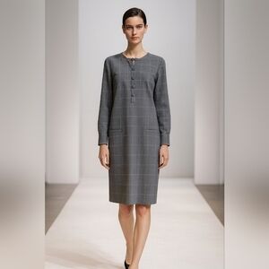 NWT Lela Rose Pearl Chestnut Plaid Wool Full Sleeve Dress Size 16